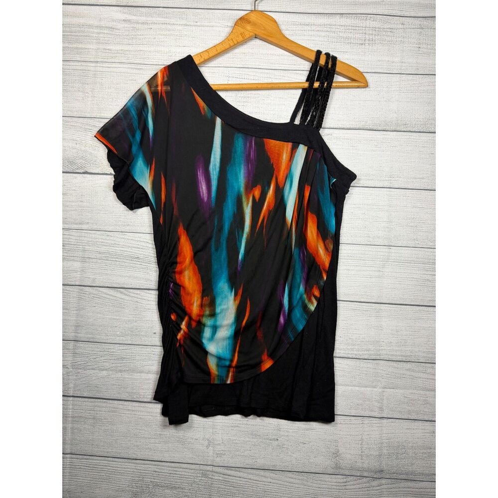 Studio Y Women's Medium Black Multicolor Abstract One Shoulder Beaded Top 4744